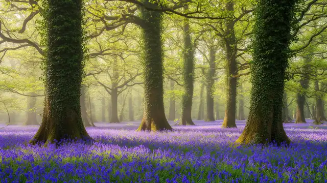 Ancient British woodland with towering oak trees and a carpet of bluebells