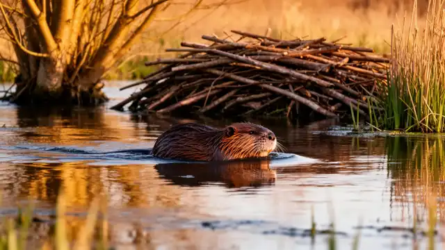 Eurasian beaver swimming in a UK river, showing its distinctive flat tail and brown fur