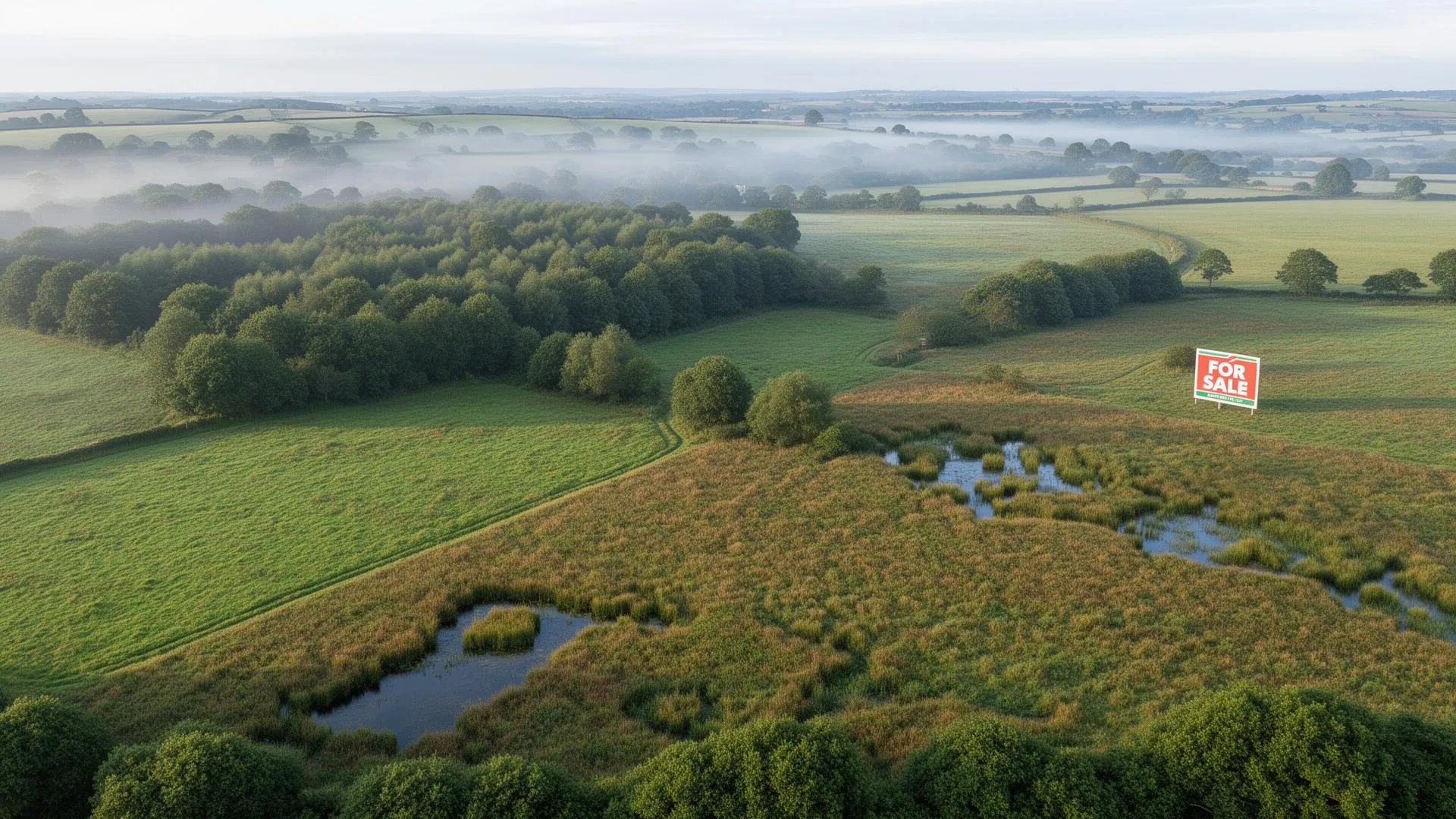 Aerial view of UK farmland for sale showing diverse habitats including woodland, meadows, and wetland areas with potential for rewilding