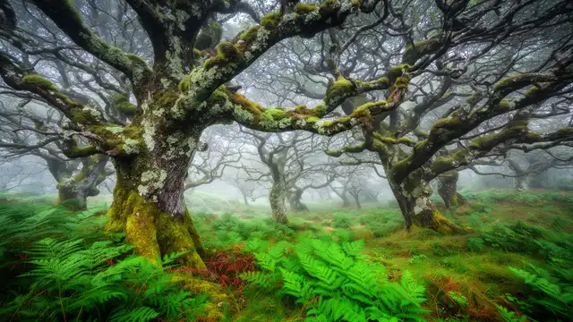 Moss-covered ancient oak trees in a Celtic rainforest with ferns and lichens