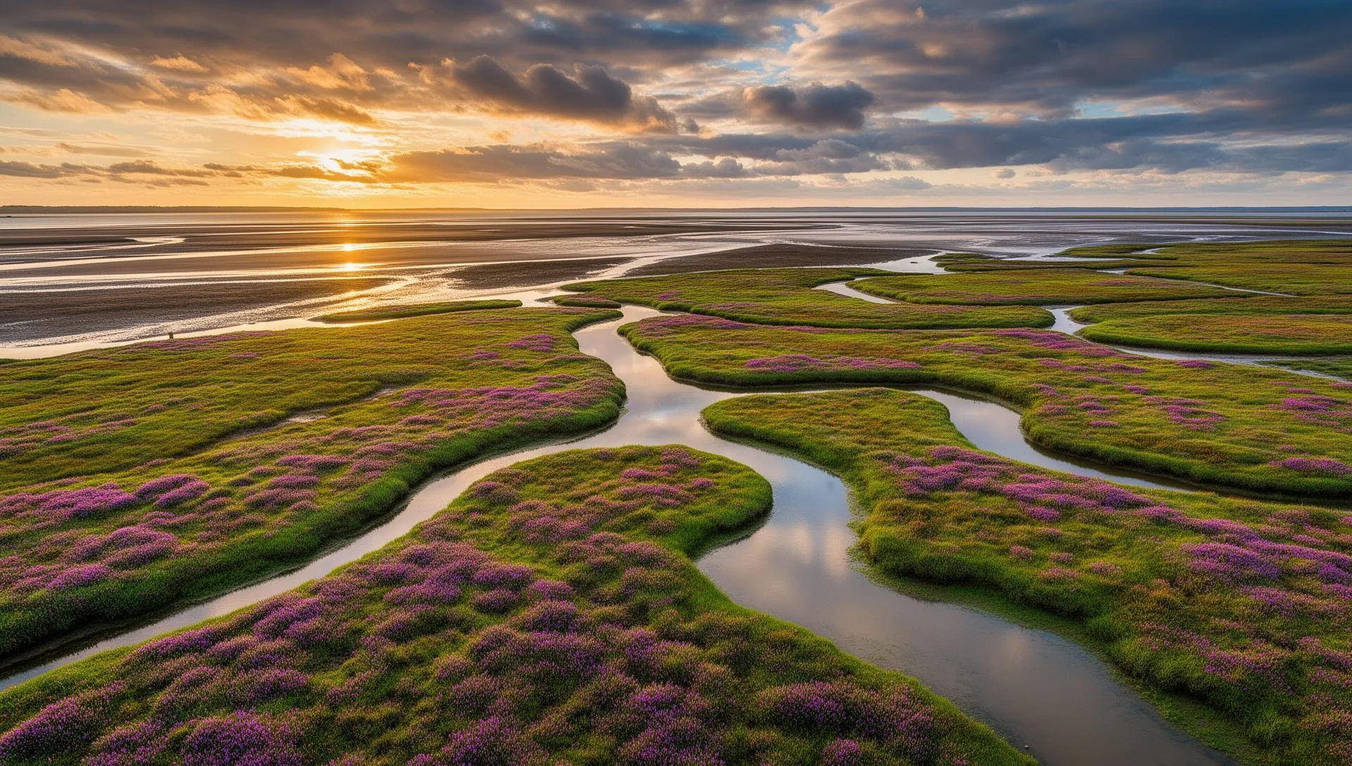 Aerial view of UK salt marsh with tidal creeks winding through sea lavender and samphire beds at golden hour