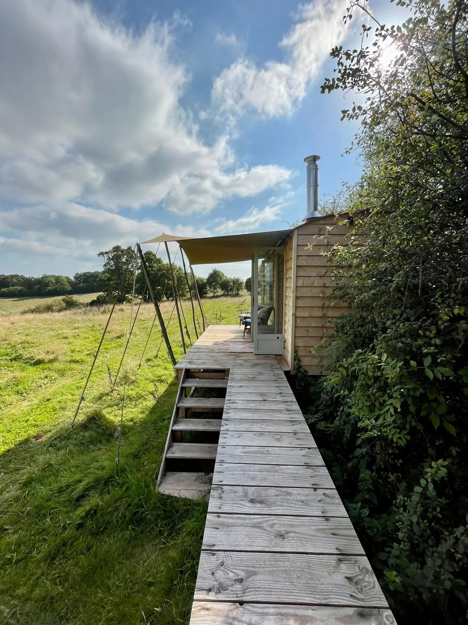 Wooden boardwalk path leading to eco cabin through meadow