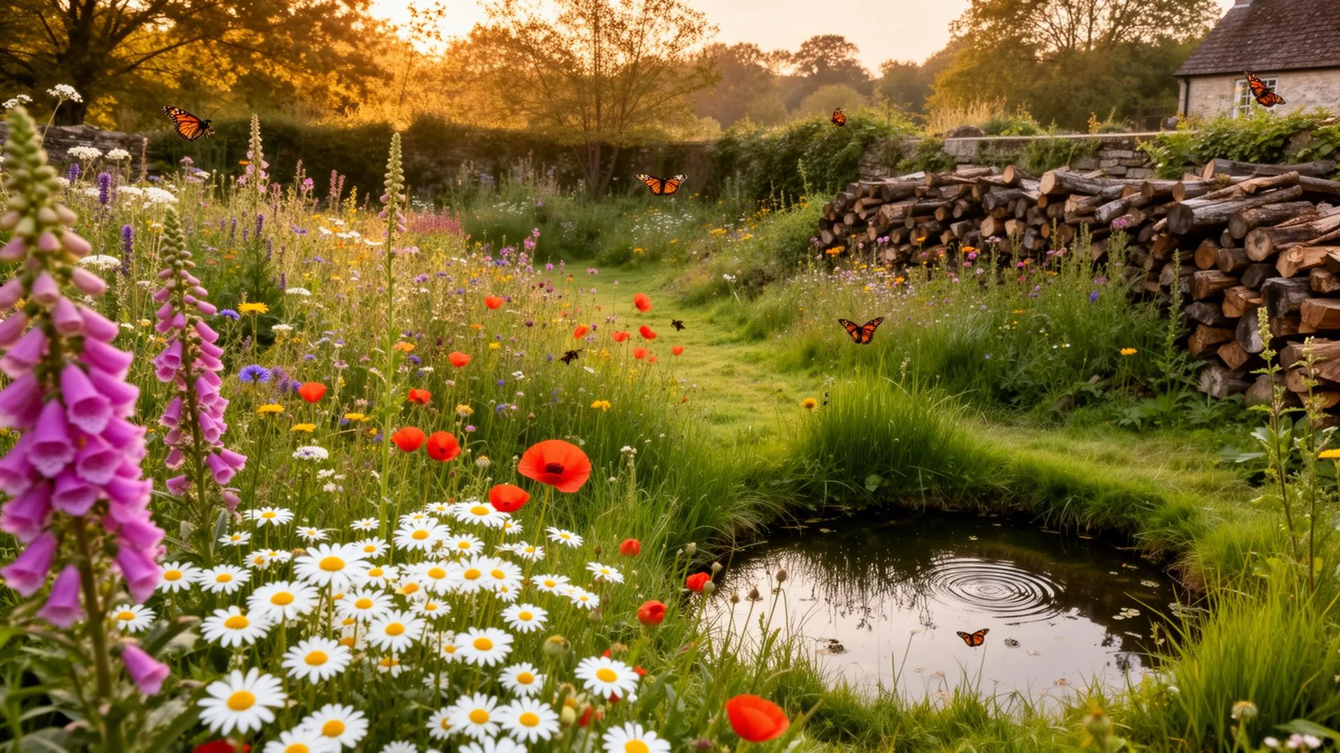 Wild garden with native wildflowers, wildlife pond, and log pile at golden hour