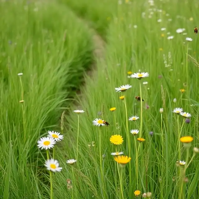 Unmown wildflower meadow with daisies and a mowed path winding through