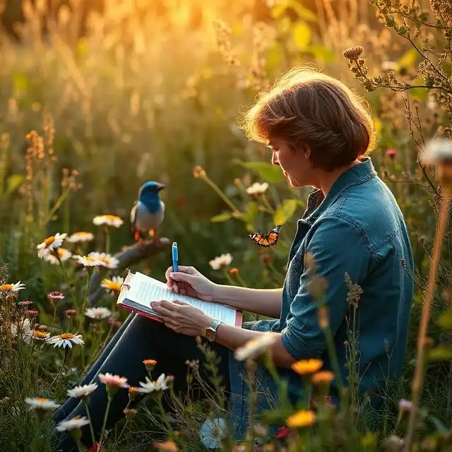 Person sitting in wild garden with notebook observing butterflies and birds