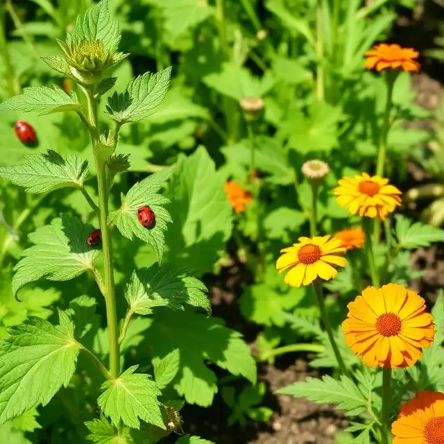 Organic garden with ladybirds on plants and companion planting with marigolds