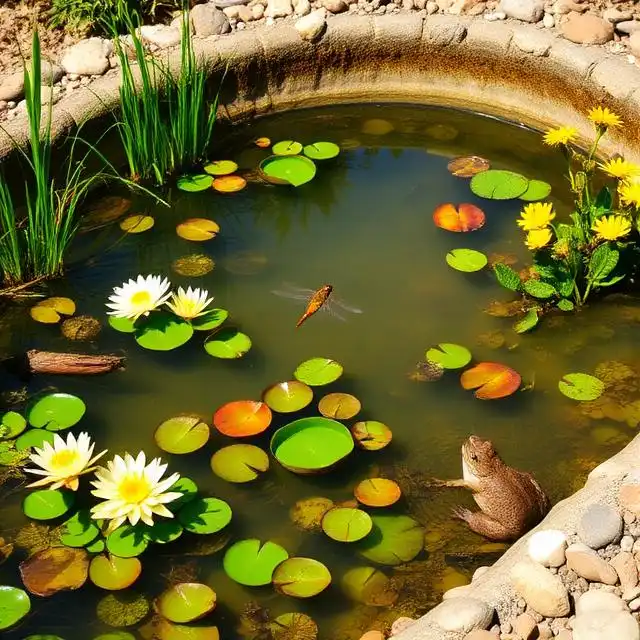 Small wildlife pond with water lilies, dragonfly, and frog on the edge