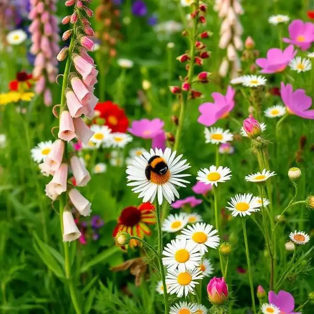 Native British wildflowers including foxgloves and ox-eye daisies with bumblebee