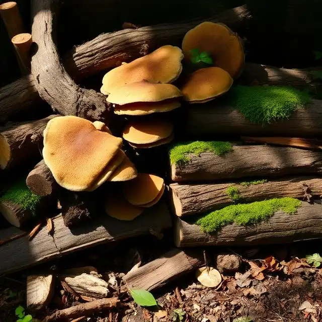 Log pile with fungi growing and moss covering decaying wood
