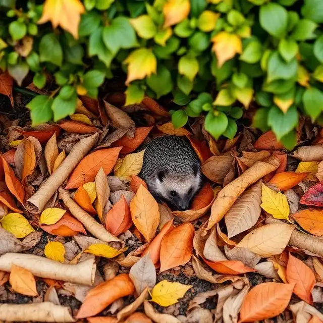 Hedgehog nestled in autumn leaves under a hedge