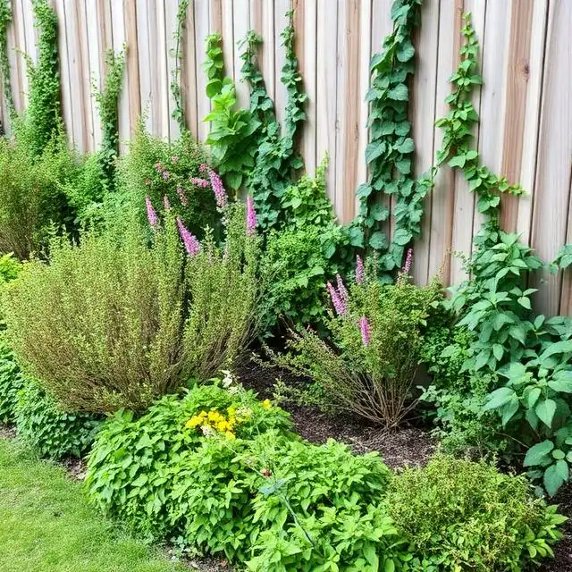Wild garden edge with climbers on fence and layered shrubs