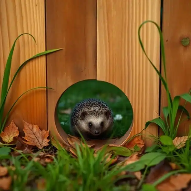 Hedgehog passing through a hole cut in a wooden garden fence