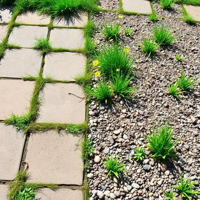 Plants growing through gravel and cracks in garden paving