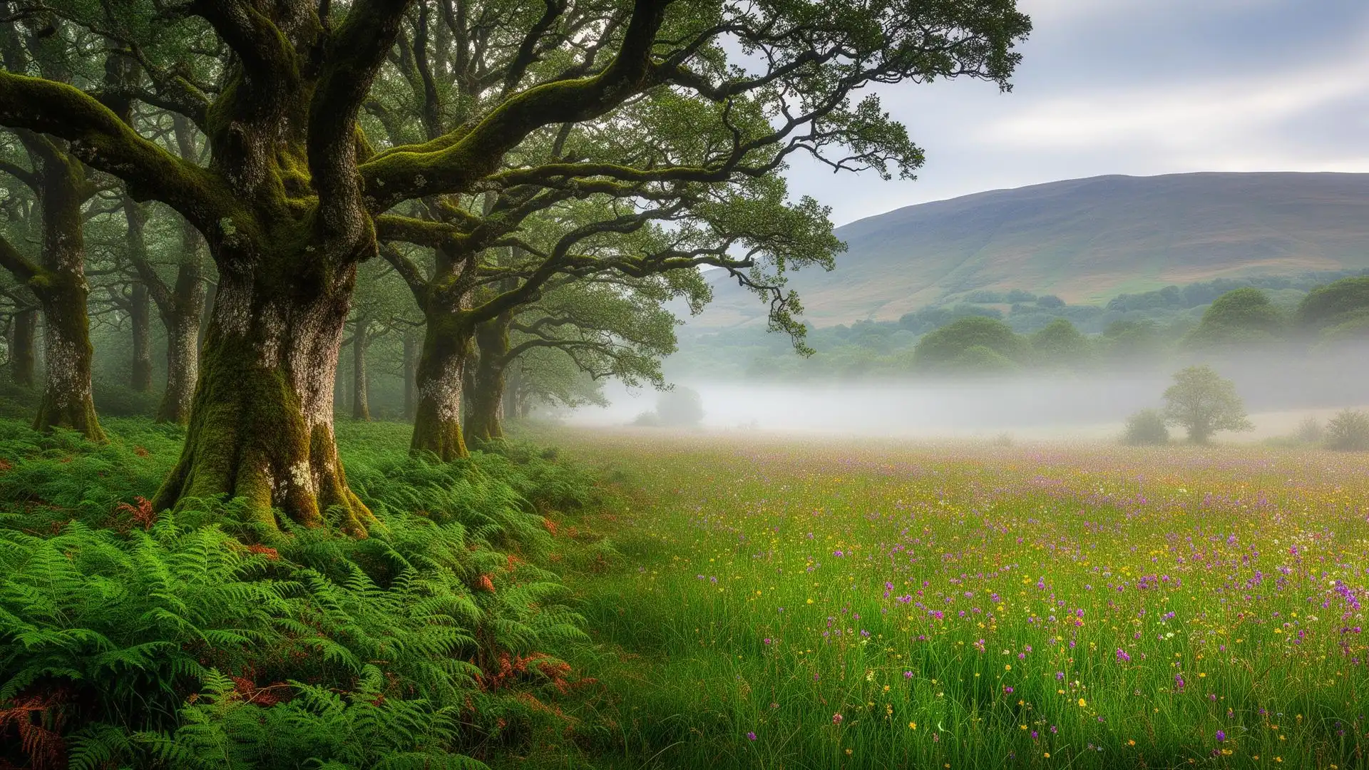 Mosaic of British habitats including ancient woodland, wildflower meadow and wetland in a rewilded landscape