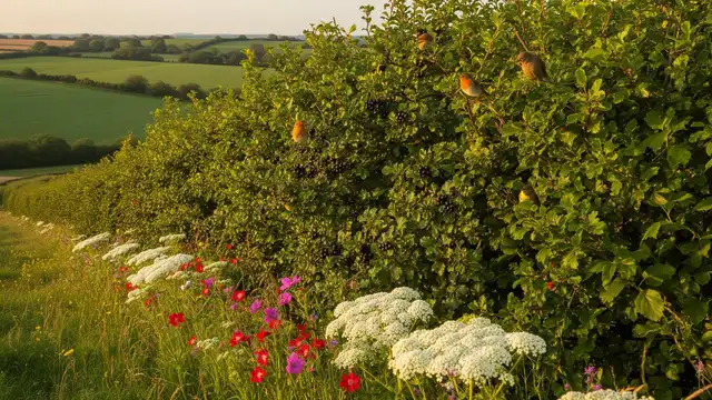 Native hedgerow with hawthorn, blackthorn and wildflowers in British farmland