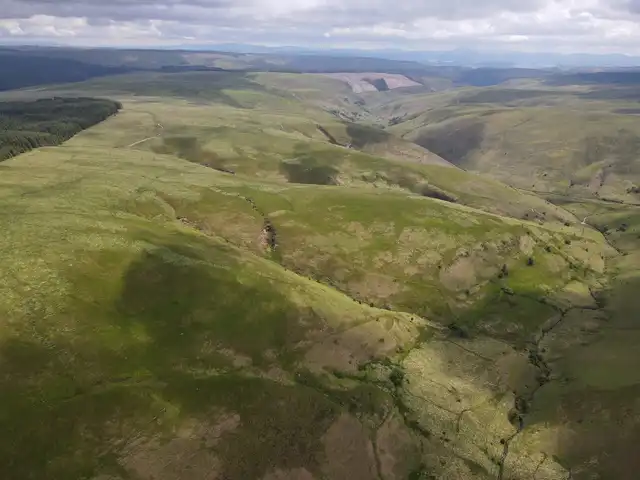 Aerial view over the Cwm Doethie valley in the Cambrian Mountains of mid Wales