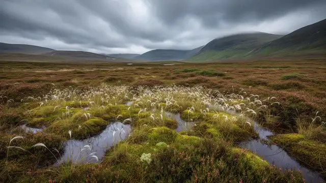 Restored peatland bog with sphagnum moss and heather in British uplands