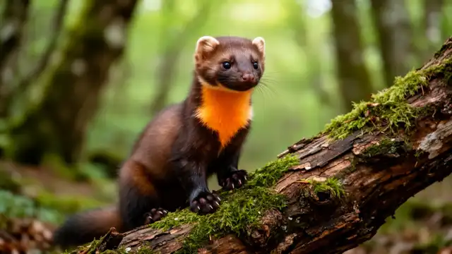 Pine marten perched on a branch in British woodland habitat