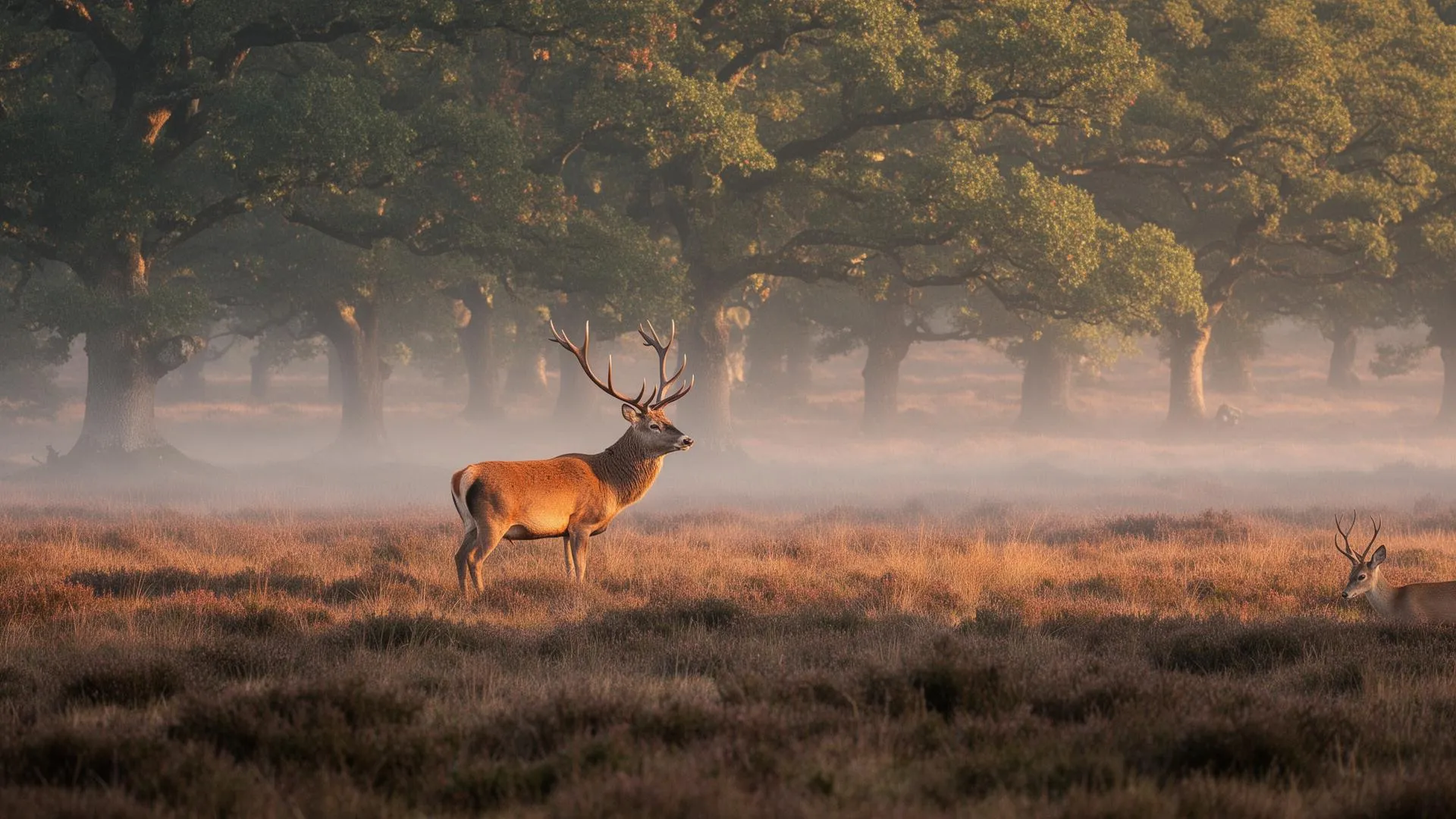 Red deer stag bellowing during the autumn rut in British moorland