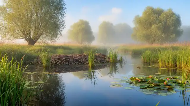 Natural wetland habitat with reeds, open water and native vegetation