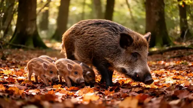 Wild boar foraging in British woodland, demonstrating natural rooting behaviour