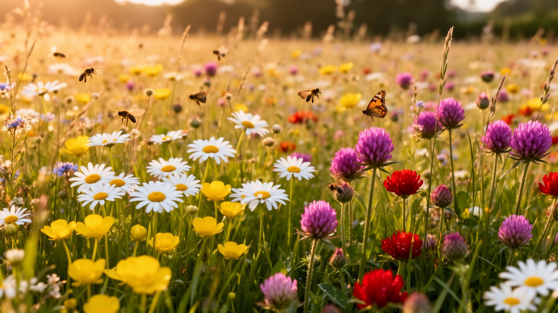 Colourful wildflower meadow with native British flowers and pollinators